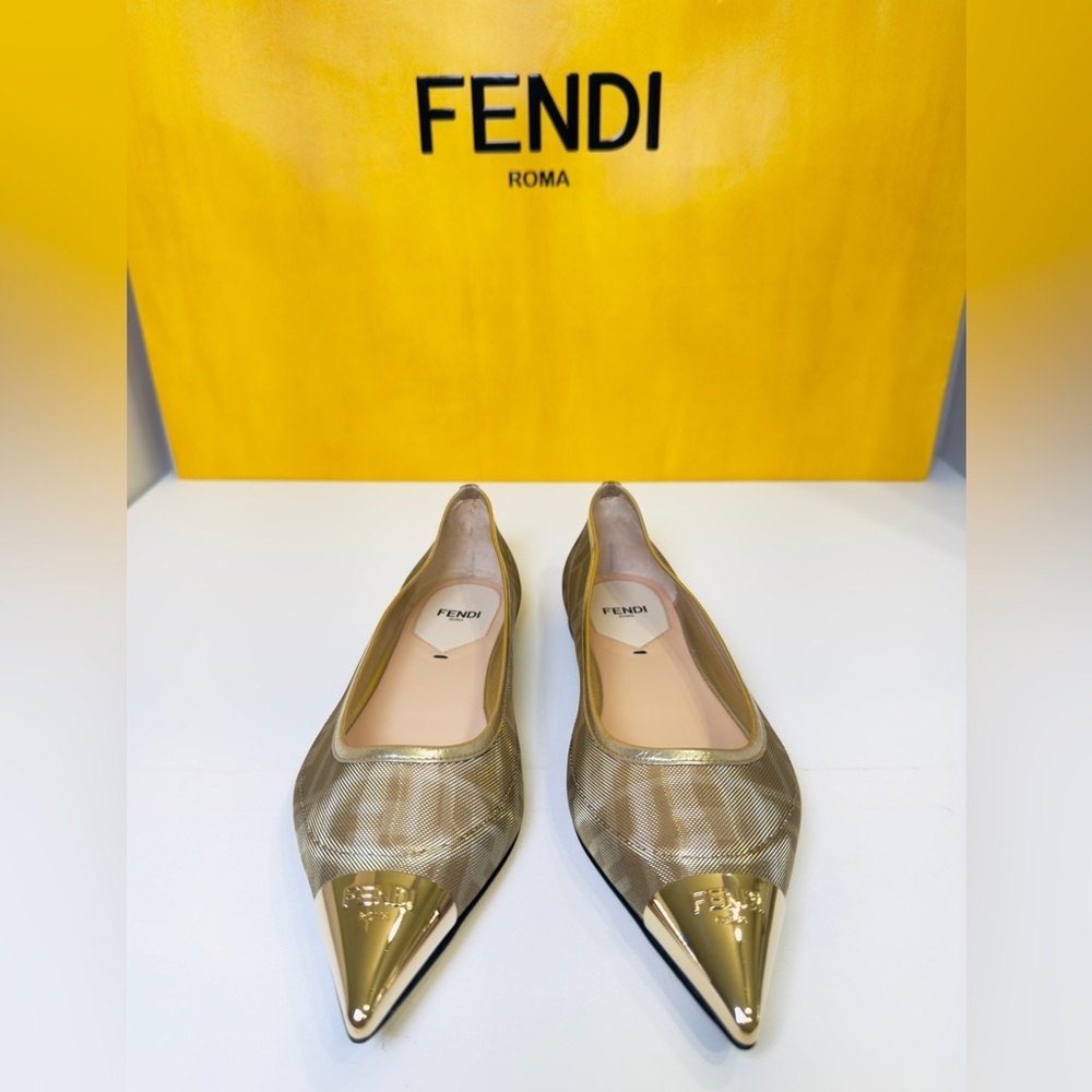 Fendi Colibri FF Mesh Ballerina Flats Gold Pointed Logo Engraved Metal Size 37 - Picture 7 of 15